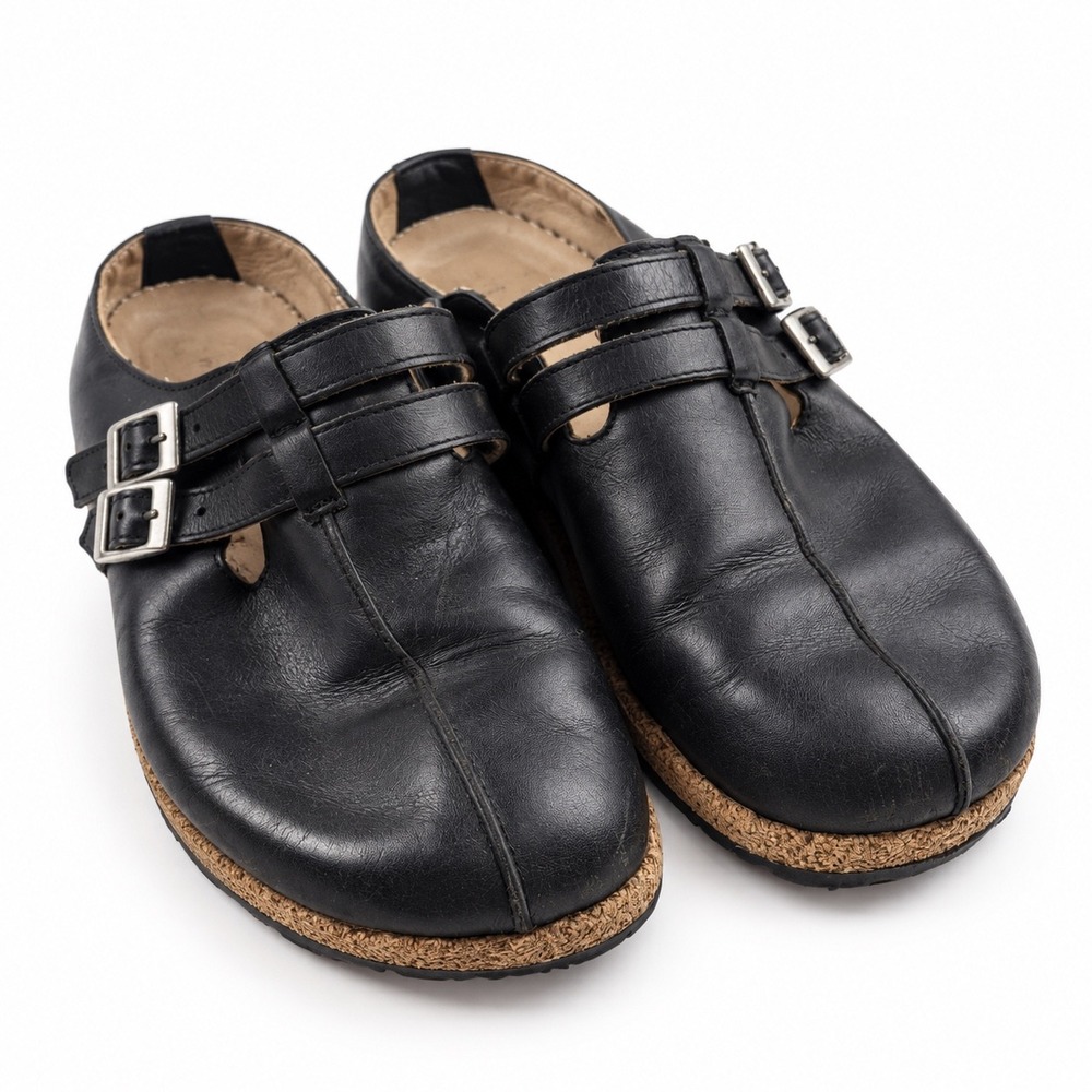 Haflinger Black Leather Double Strap Clogs Slides Women's Size 40 US 9-9.5
